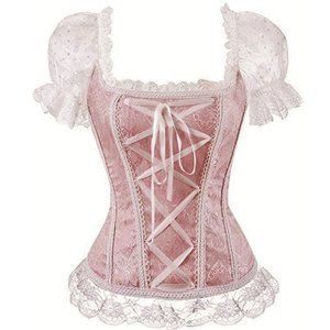 NEW Pink Jacquard Cinch Corset White Lace Sleeve S
